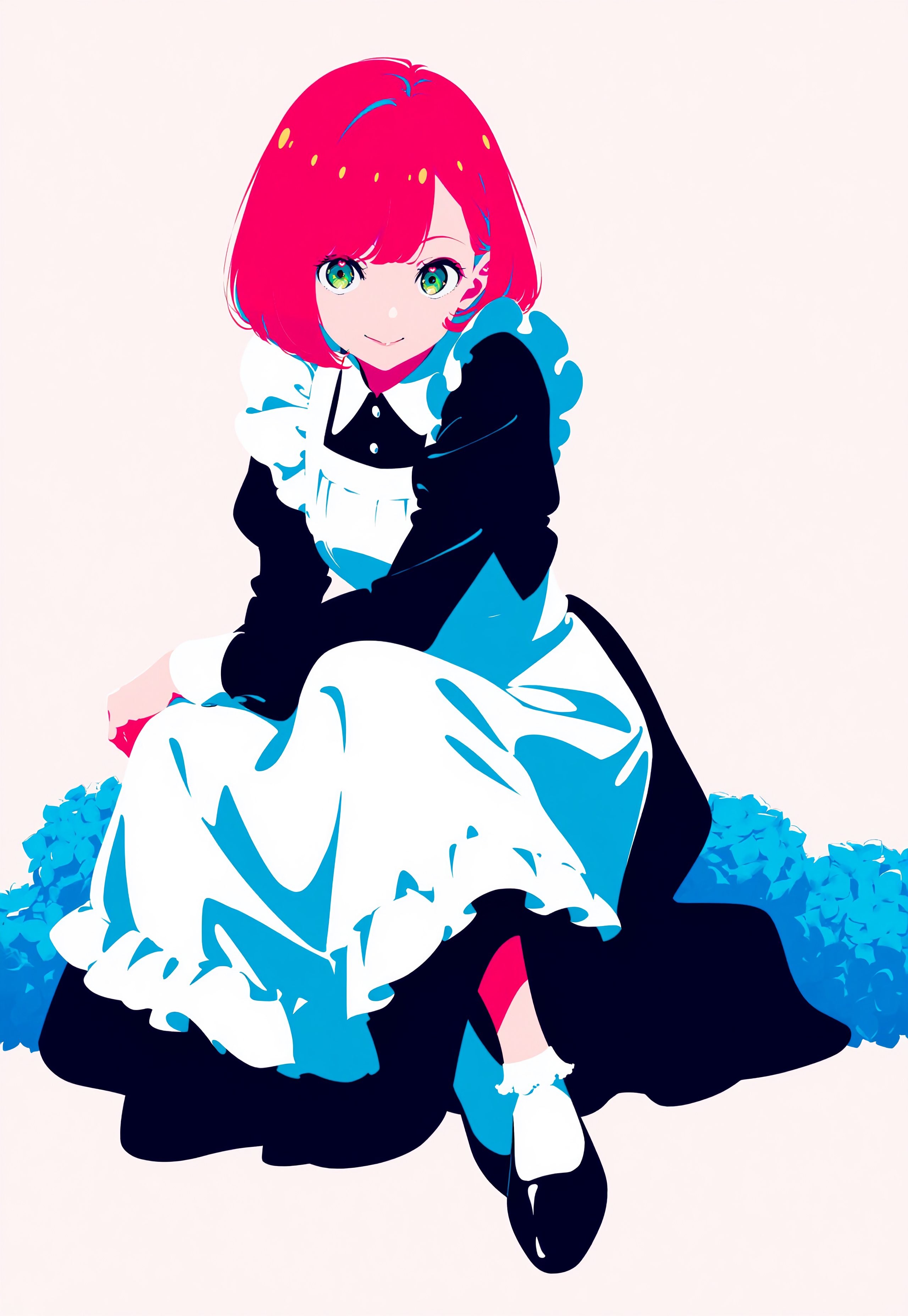 A cute anime girl with a bob cut and pink hair in a classic maid outfit, sitting relaxed with a background of blue hydrangea flowers