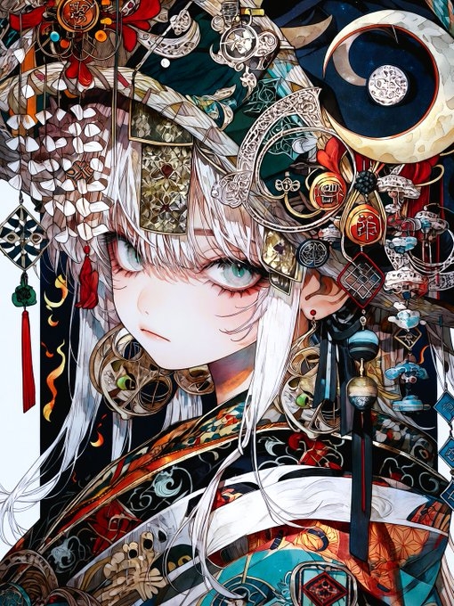 Das ist ein opulentes traditionelles Charakterporträt, das von der japanischen Ästhetik beeinflusst ist