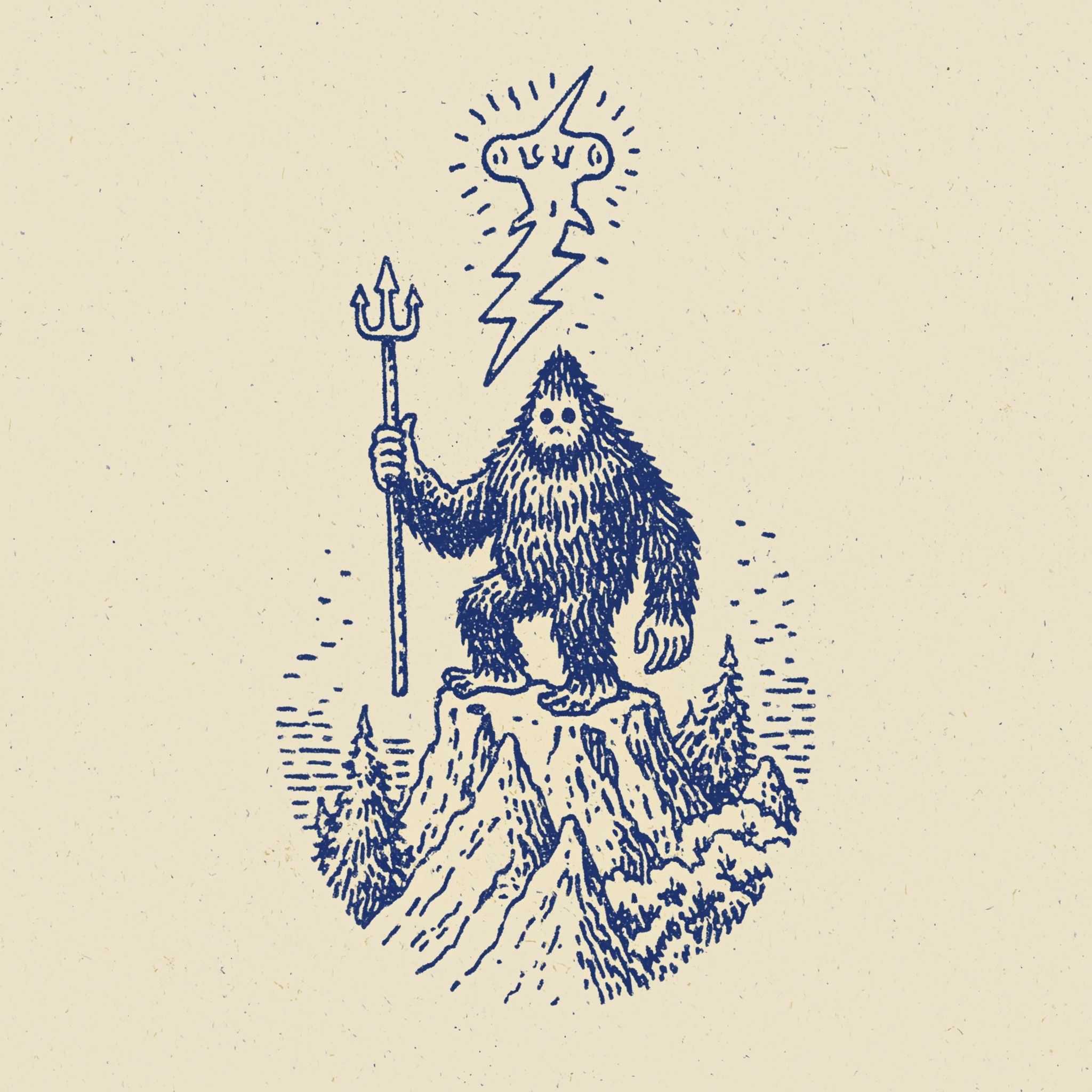 Yeti minimalista en blanco y negro sosteniendo un diseño de trueno gigante