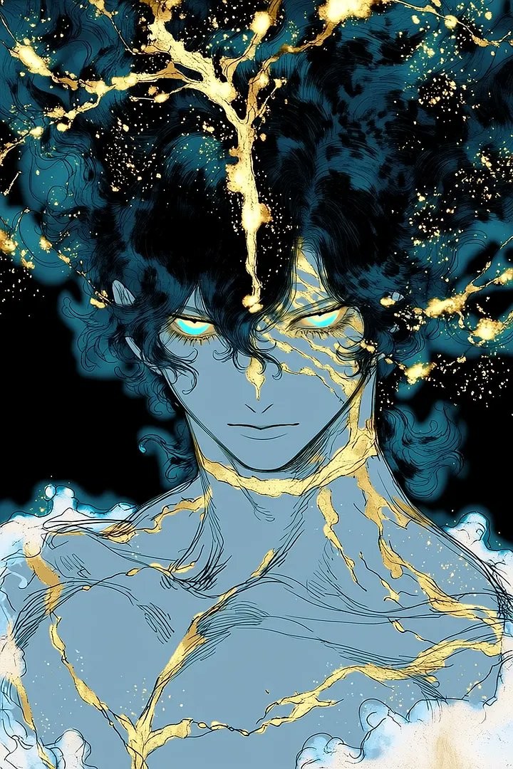 Ein Porträt einer blauhäutigen Figur mit wilden dunklen Locken und durchdringenden cyanfarbenen Augen