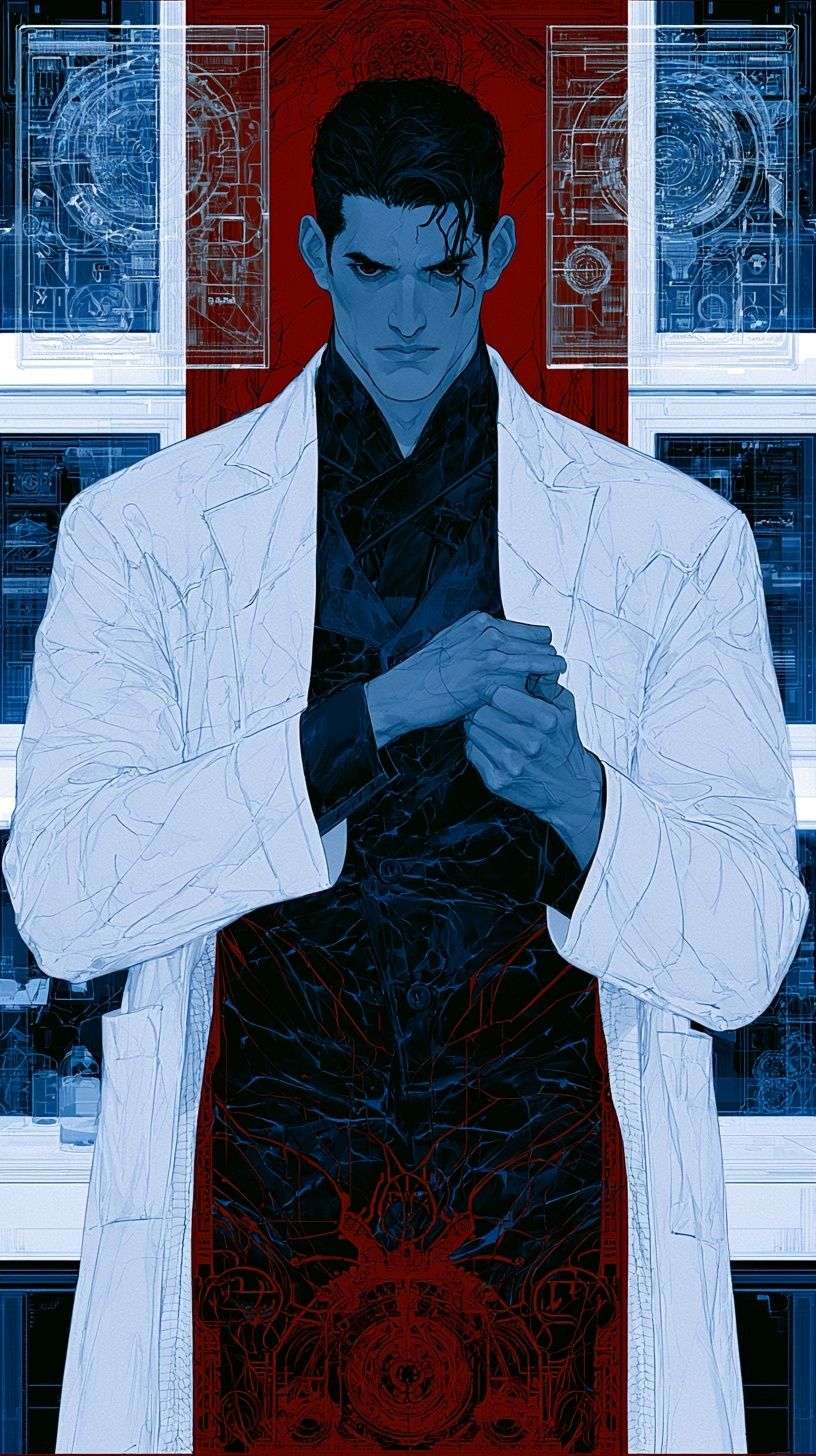 A 27-year-old male doctor with a lean athletic build wearing a white lab coat exuding professional authority and quiet power