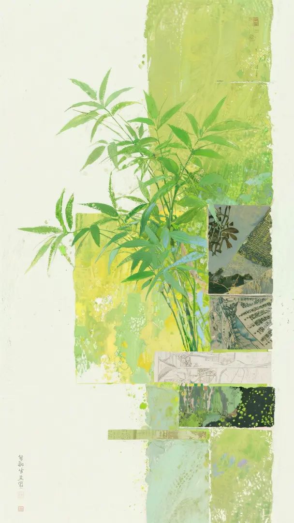 Uma pintura colagem em estilo super antigo com plantas verdes como tema