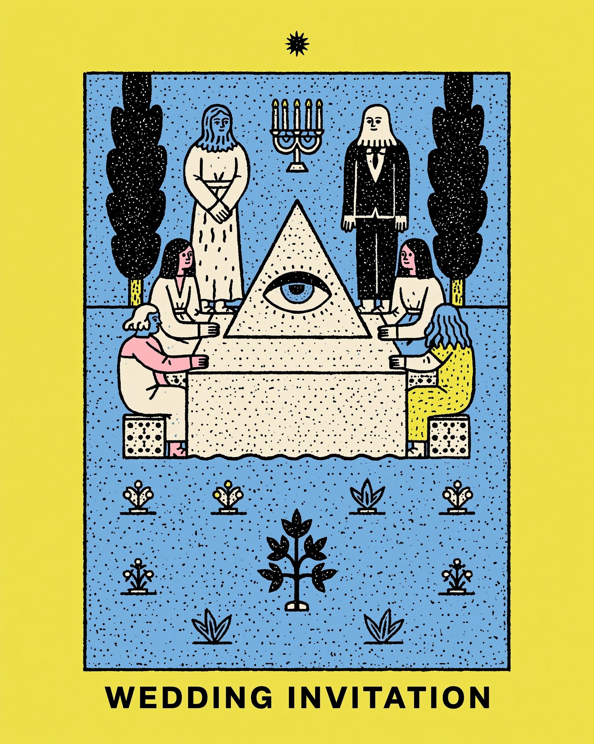 Ilustración de invitación de boda vintage con proporciones peculiares y tonos de color simples