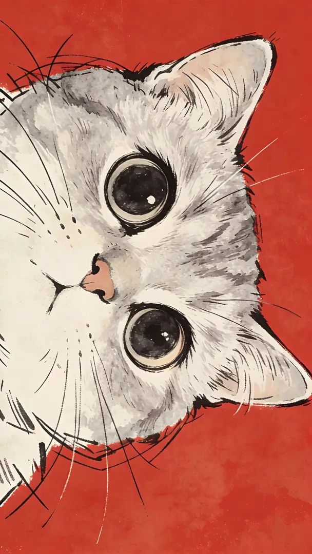 銀グラデーションの猫を描いたミニマルな手描きイラスト