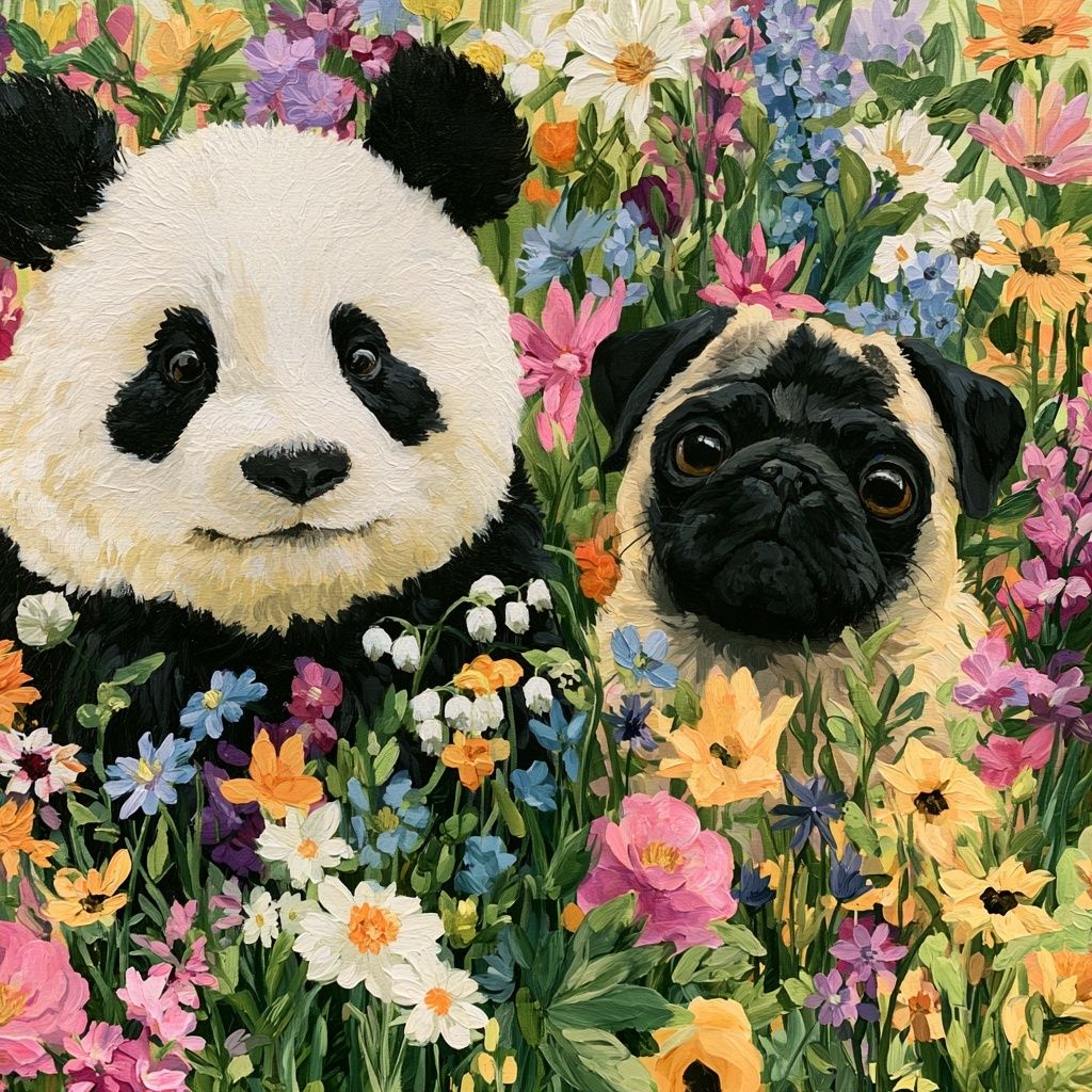 A cute picture of a panda and a pug playing in a field of flowers