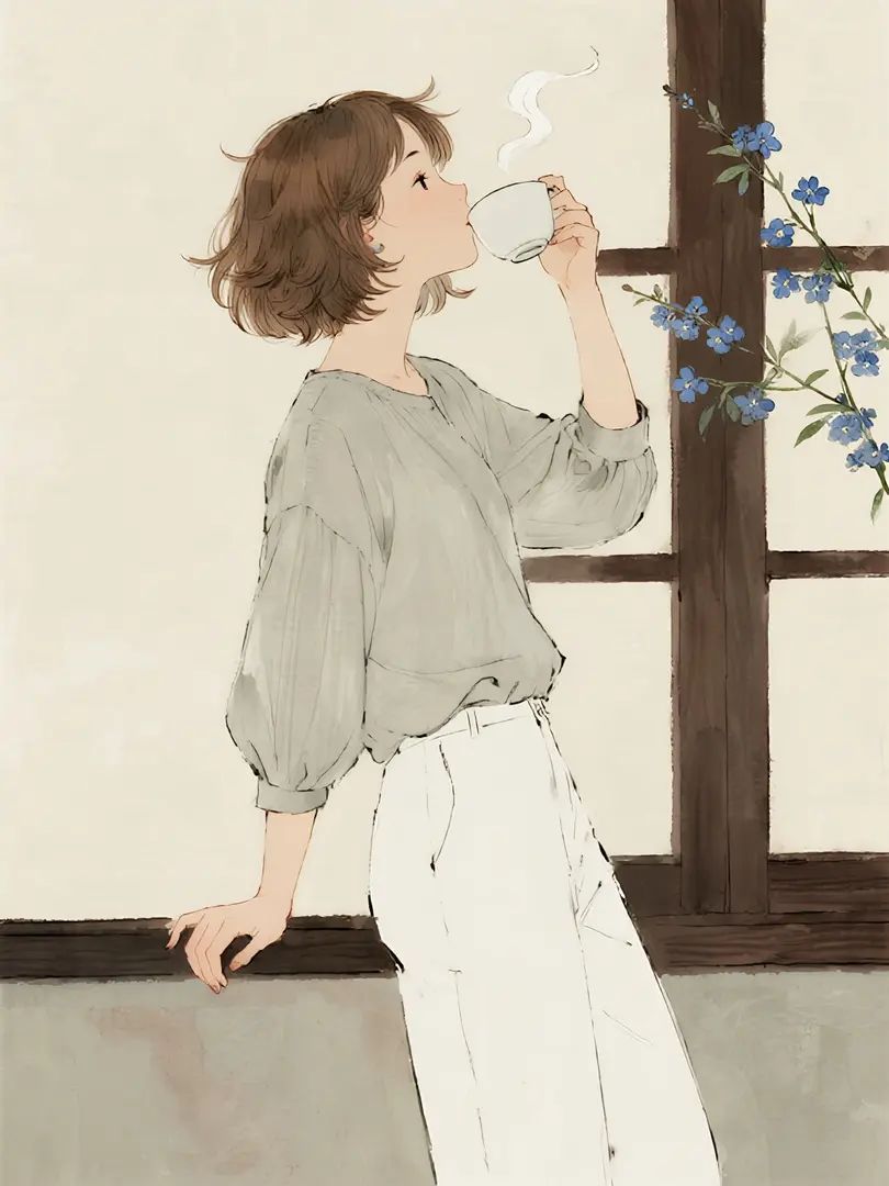 イラストは窓辺でお茶を飲む短髪の女の子の静かなシーンを描いています