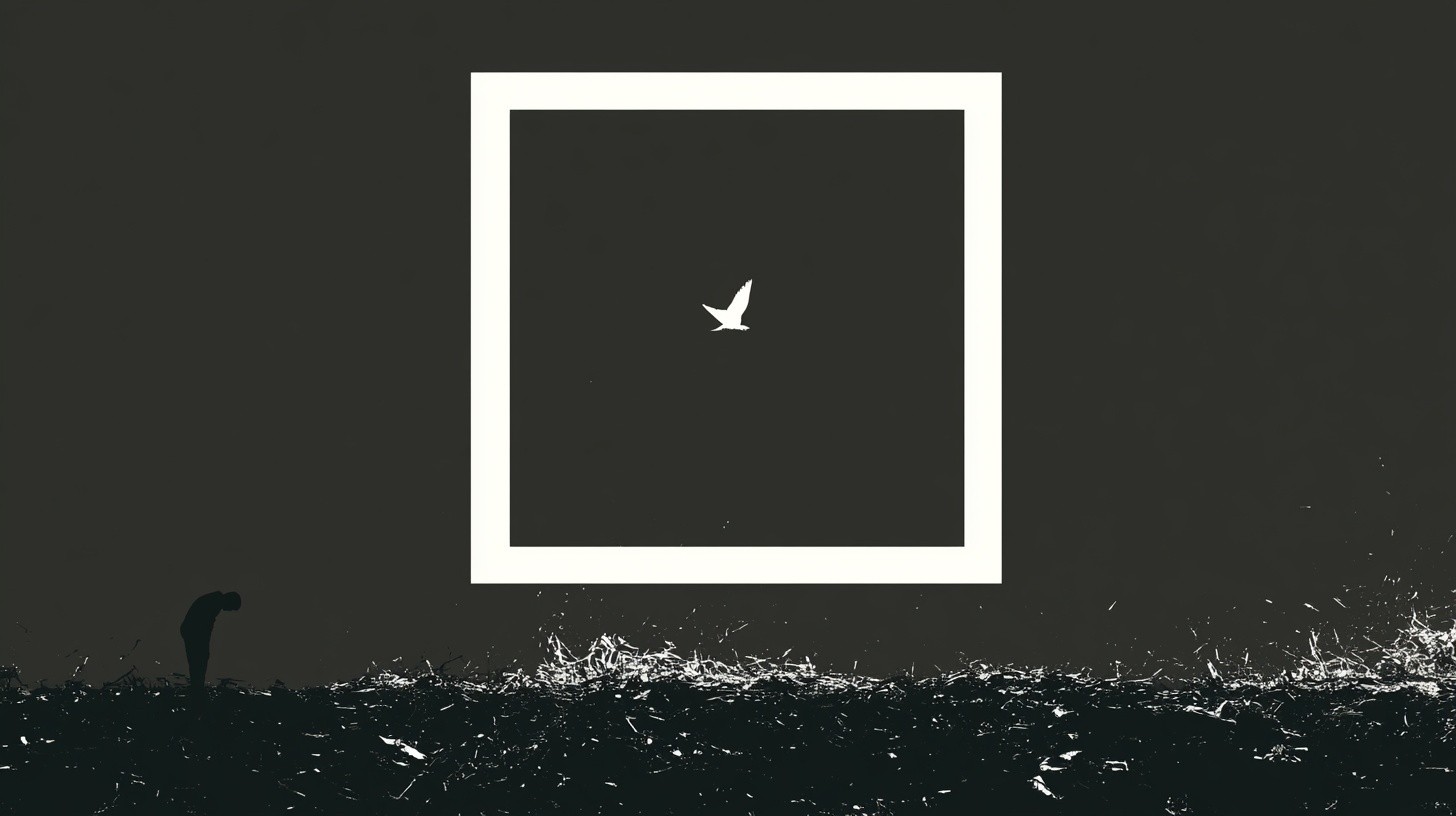 Inside a central white geometric square, a small bird flies away, while a silhouette of a bowed man appears in the bottom left corner