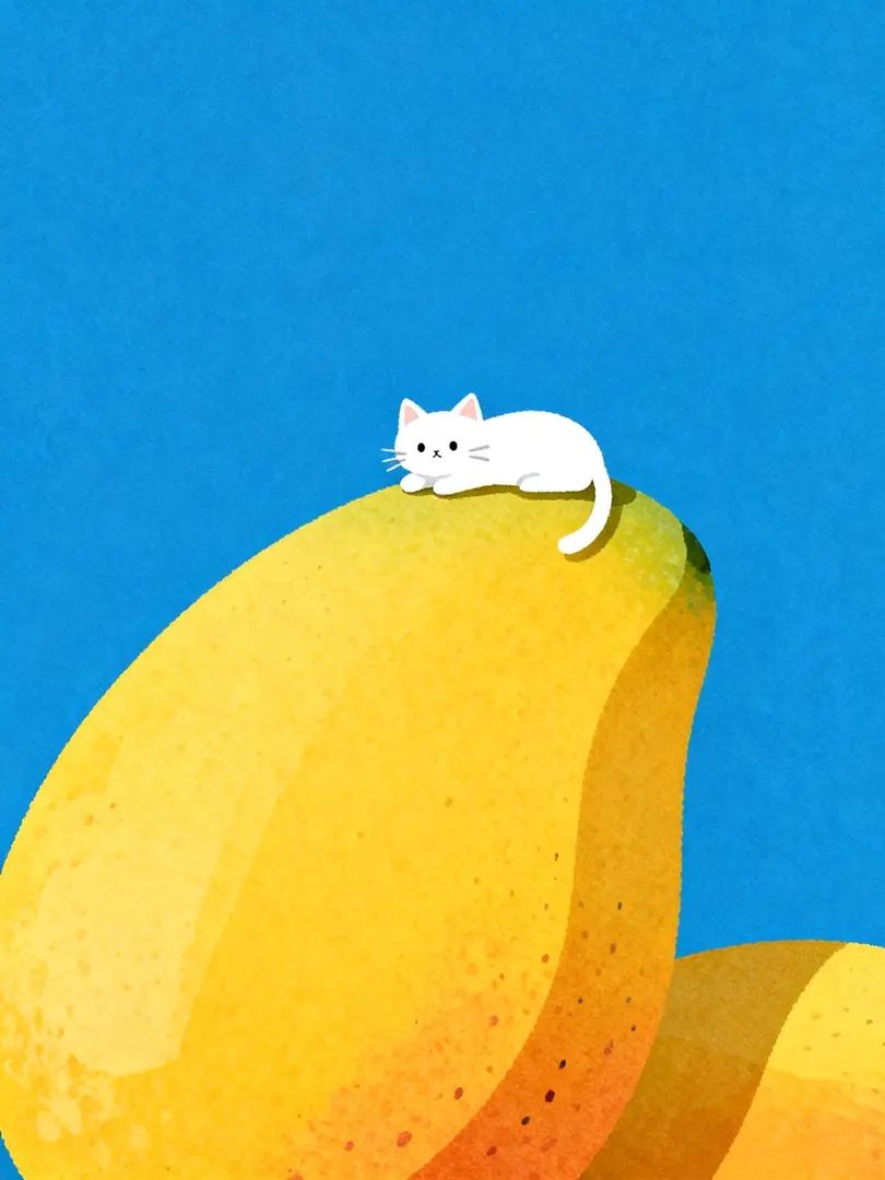 A cute cat is sitting on a mini mango