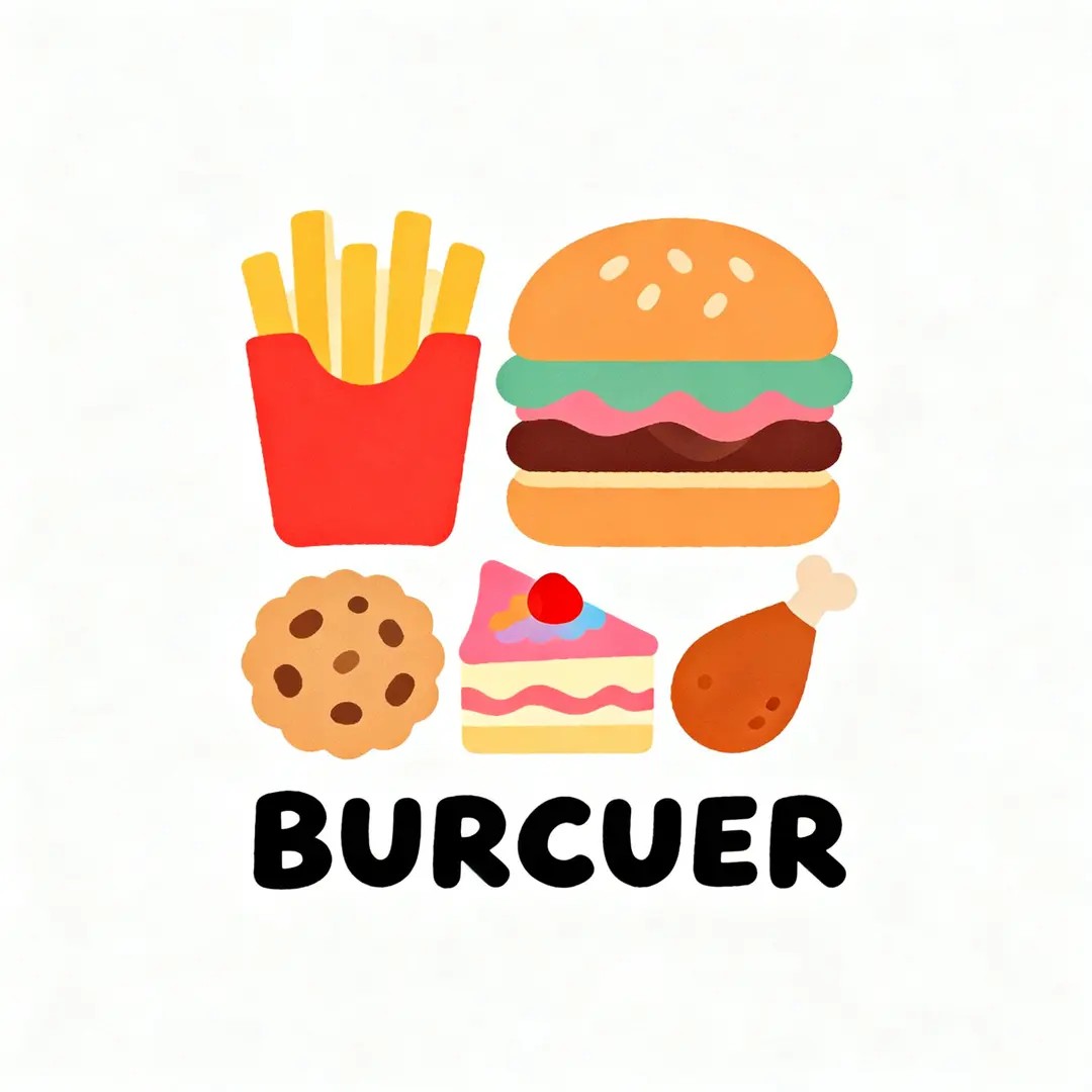 Design a minimalist logo that combines graffiti and children's illustration styles featuring simplified graphics of food items like burgers fries cakes