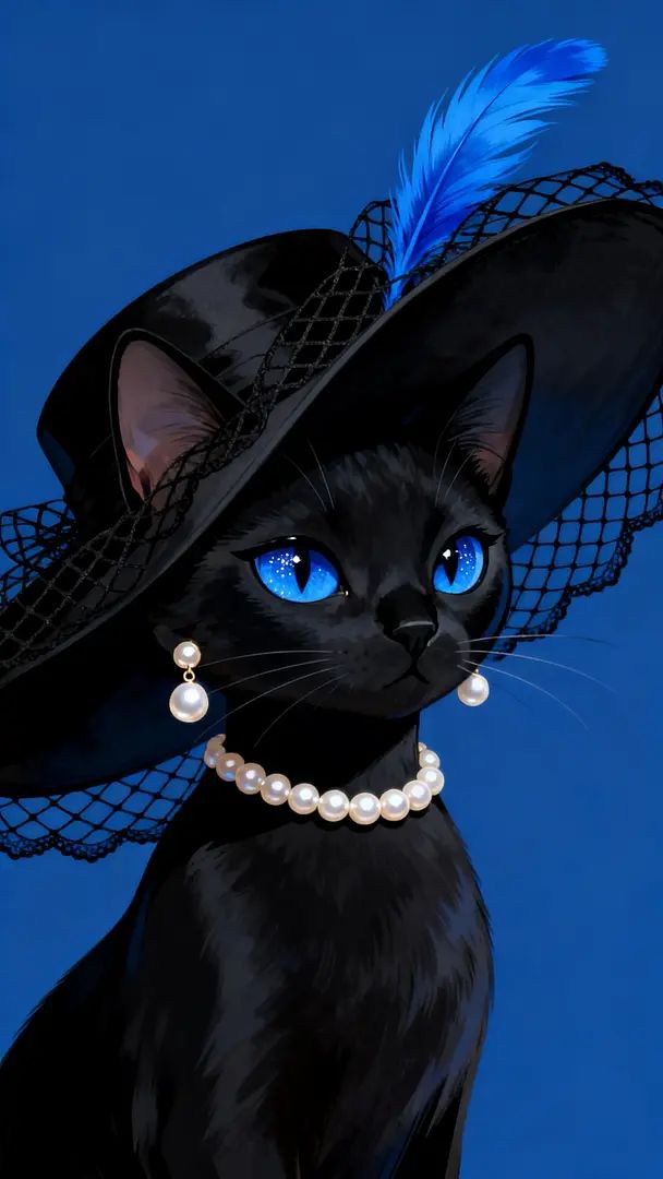 A black cat with blue eyes wearing pearl accessories and a large sun hat