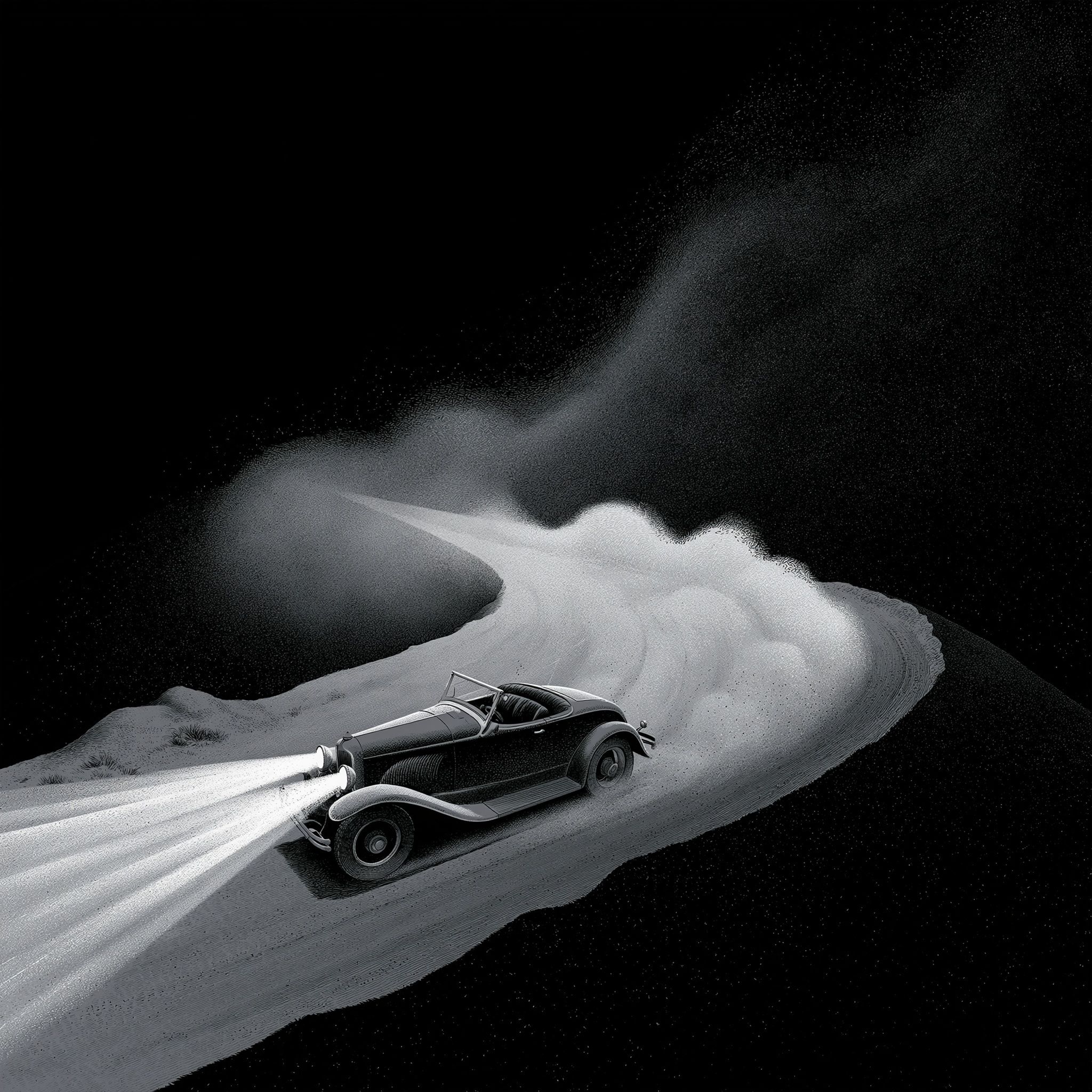 A 1930s convertible speeds along leaving a trail of dust