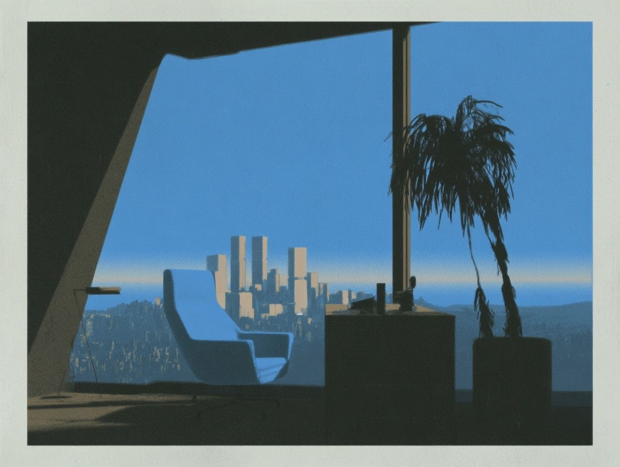Vintage Illustration eines futuristischen Mid-Century Modern Apartment Büros mit Ausblick auf eine Stadt der Raumfahrt-Ära