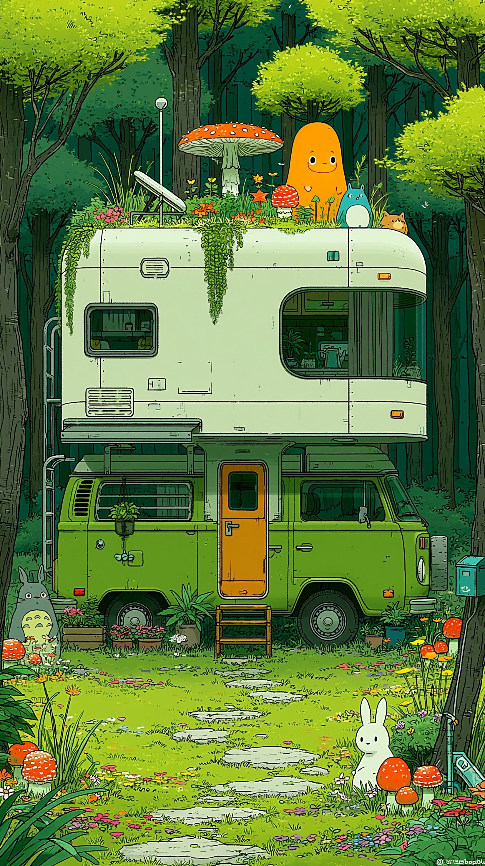 An amazing forest with cute animals and a futuristic large RV