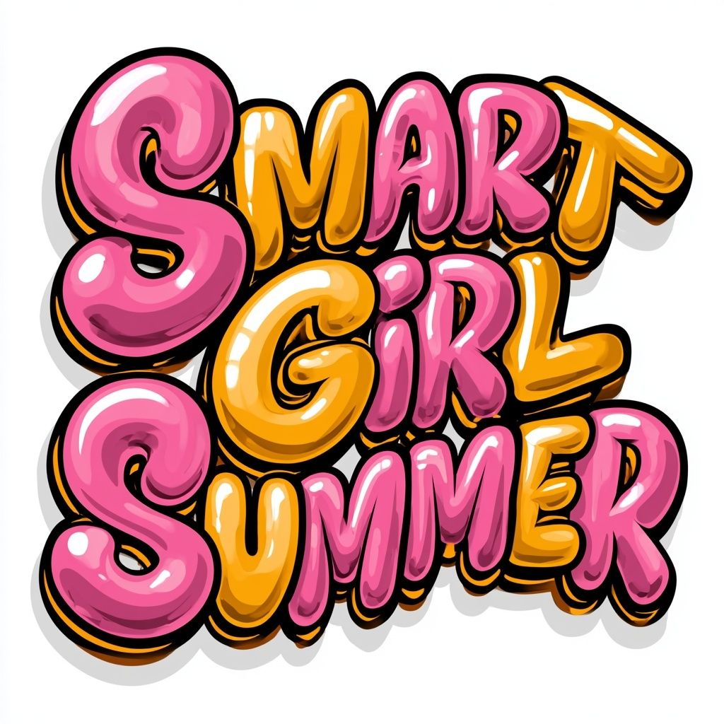 Diseña una pegatina de estilo años 90 que diga 'Smart Girl Summer' en letras burbuja brillantes, dispuestas en forma arqueada sobre un fondo blanco