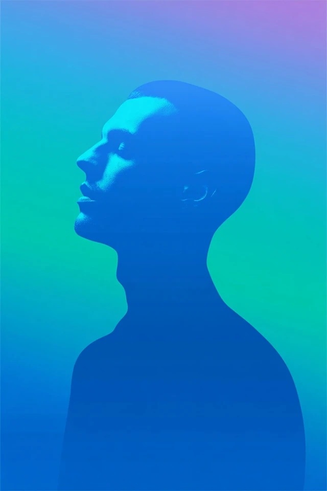 Minimalist silhouette with gradient from teal to violet suitable for album covers and tech branding