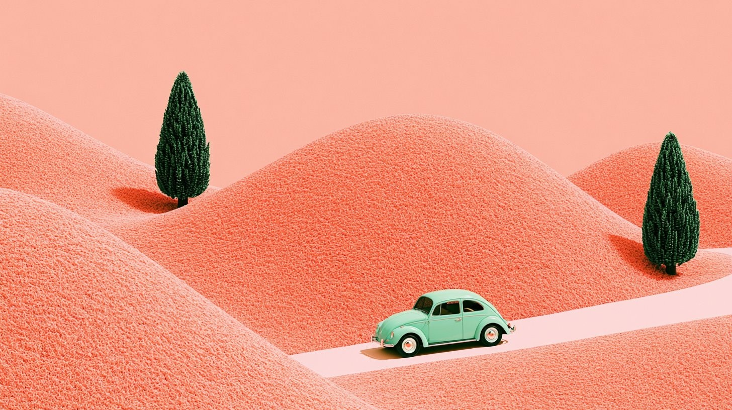 Une œuvre d'art numérique 3D surréaliste montrant un paysage coloré en corail rose et une voiture vintage vert menthe