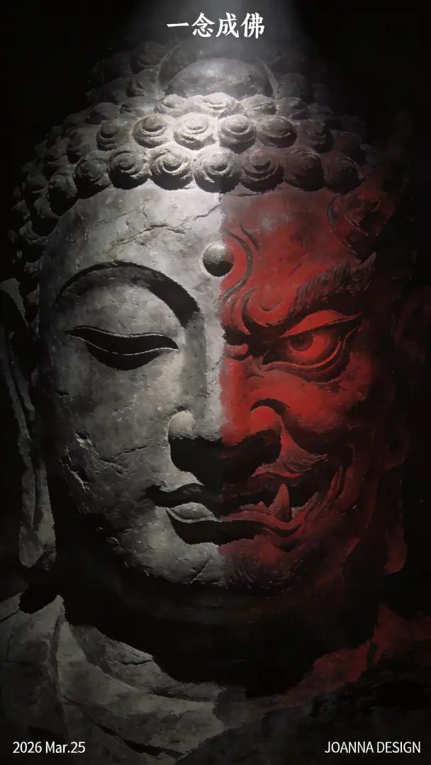 仏と悪魔の対比を示す石の彫像