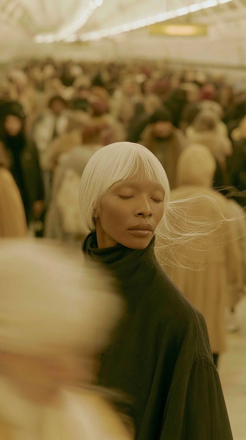 A mixed-race model stands still in the center of a crowded underground station