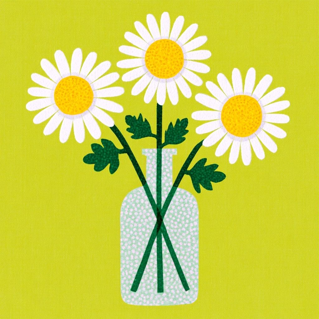 Geometric illustration of three daisies in a vase