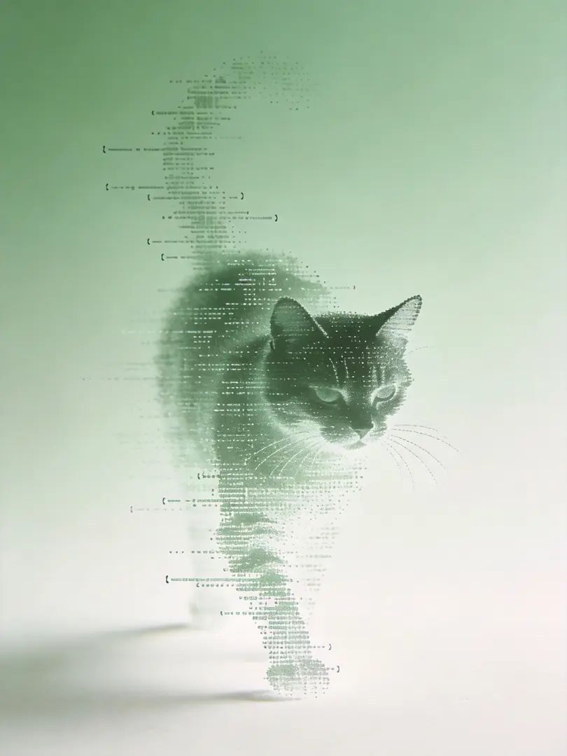 A minimalist cat image composed of code particles