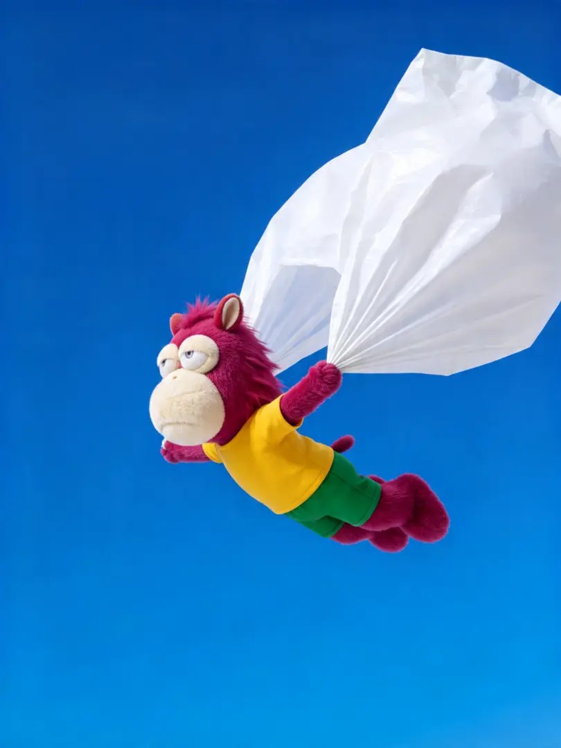 Un personaje de dibujos animados púrpura-rojo con una camiseta amarilla y pantalones cortos verdes está deslizándose en el cielo azul