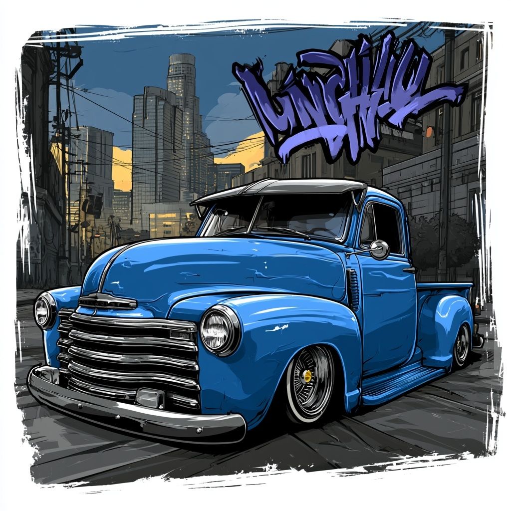 High definition cartoon T-shirt design featuring a blue 1948 Chevrolet 3100 lowrider on Los Angeles streets
