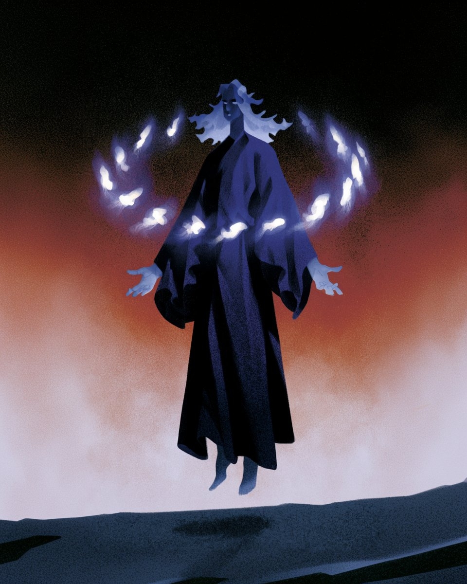 A robed figure hovers over dark ground with a hazy gradient sky behind
