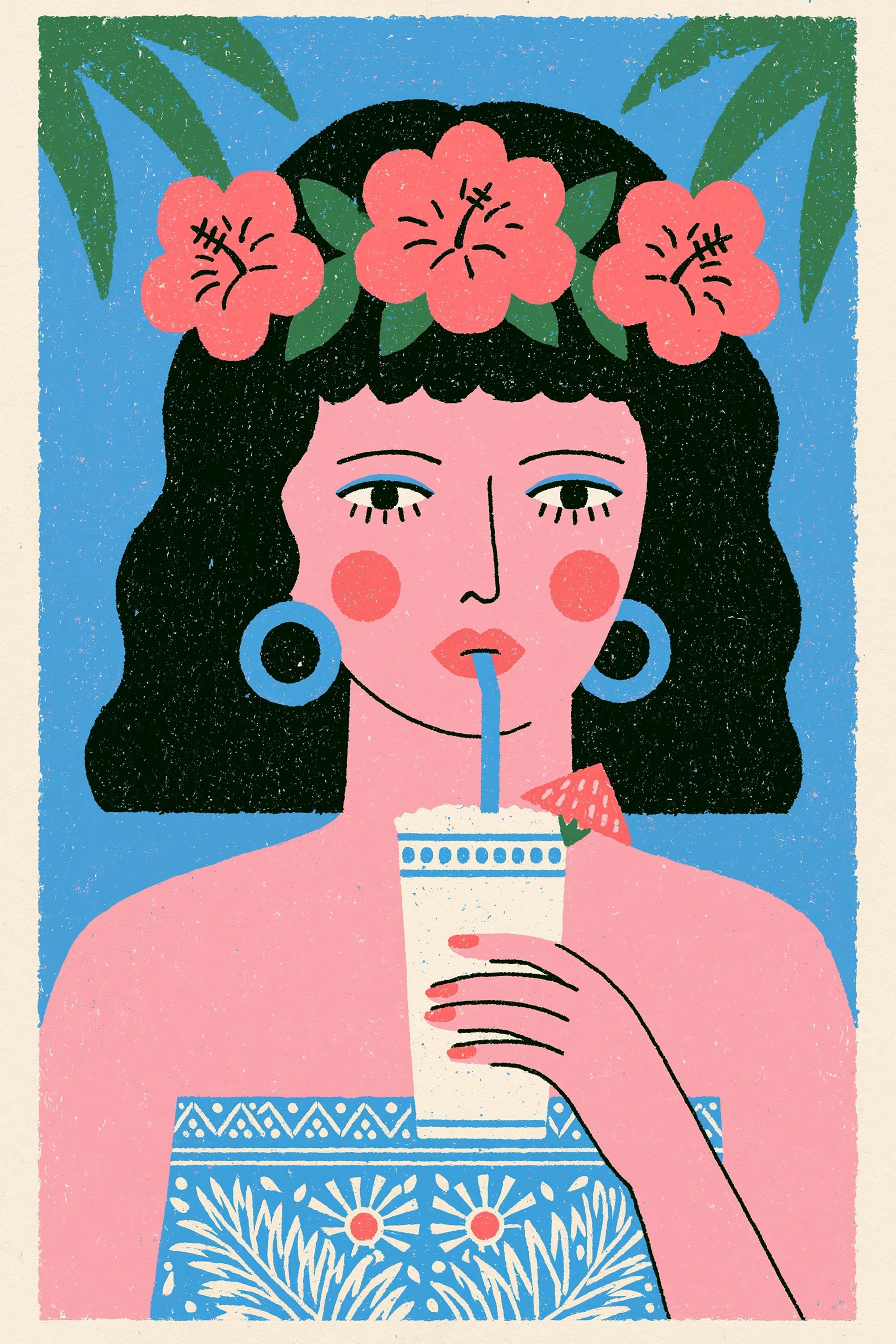 Hand drawn illustration of a woman drinking a piña colada