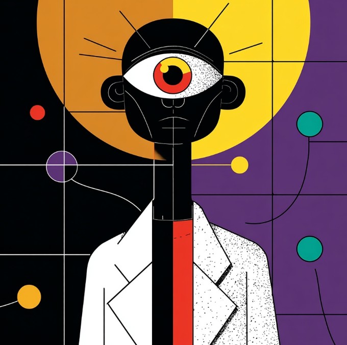 Geometrische Vektorillustration kombiniert Afrofuturismus, Kubismus, minimalistische Abstraktion und Neo-Memphis-Einflüsse