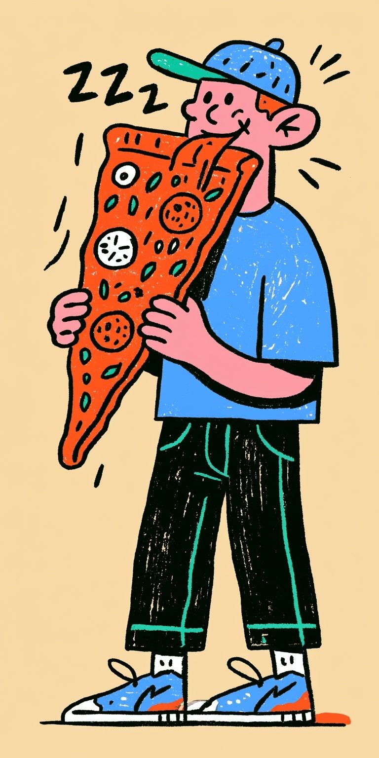 Um homem feliz com boné está comendo uma fatia de pizza