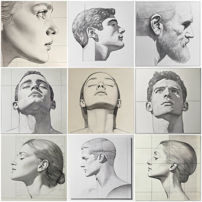 九幅經典藝術學院傳統的人物素描研究展現了男性和女性頭部的多個角度