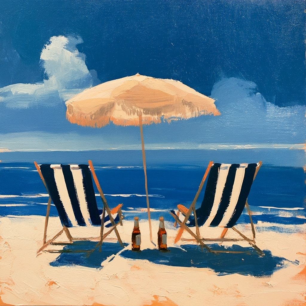 A minimalist oil painting featuring two navy and white striped beach chairs with two bottles of beer and a beige umbrella with fringe