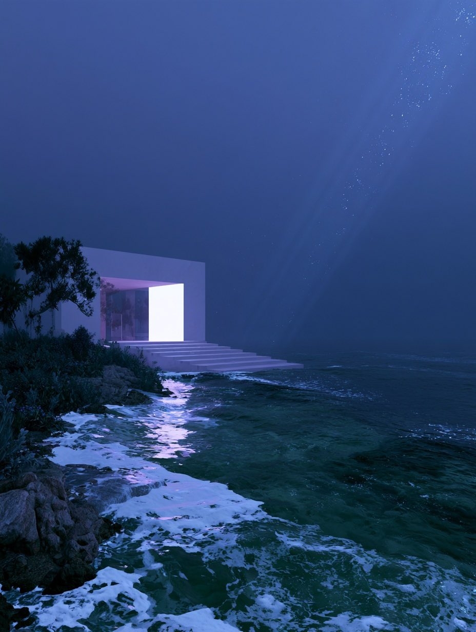 Eine zeitgenössische minimalistische digitale Kunst und Architekturvisualisierung mit einer nächtlichen Küstenszene, die um eine weiße kubische Struktur zentriert ist