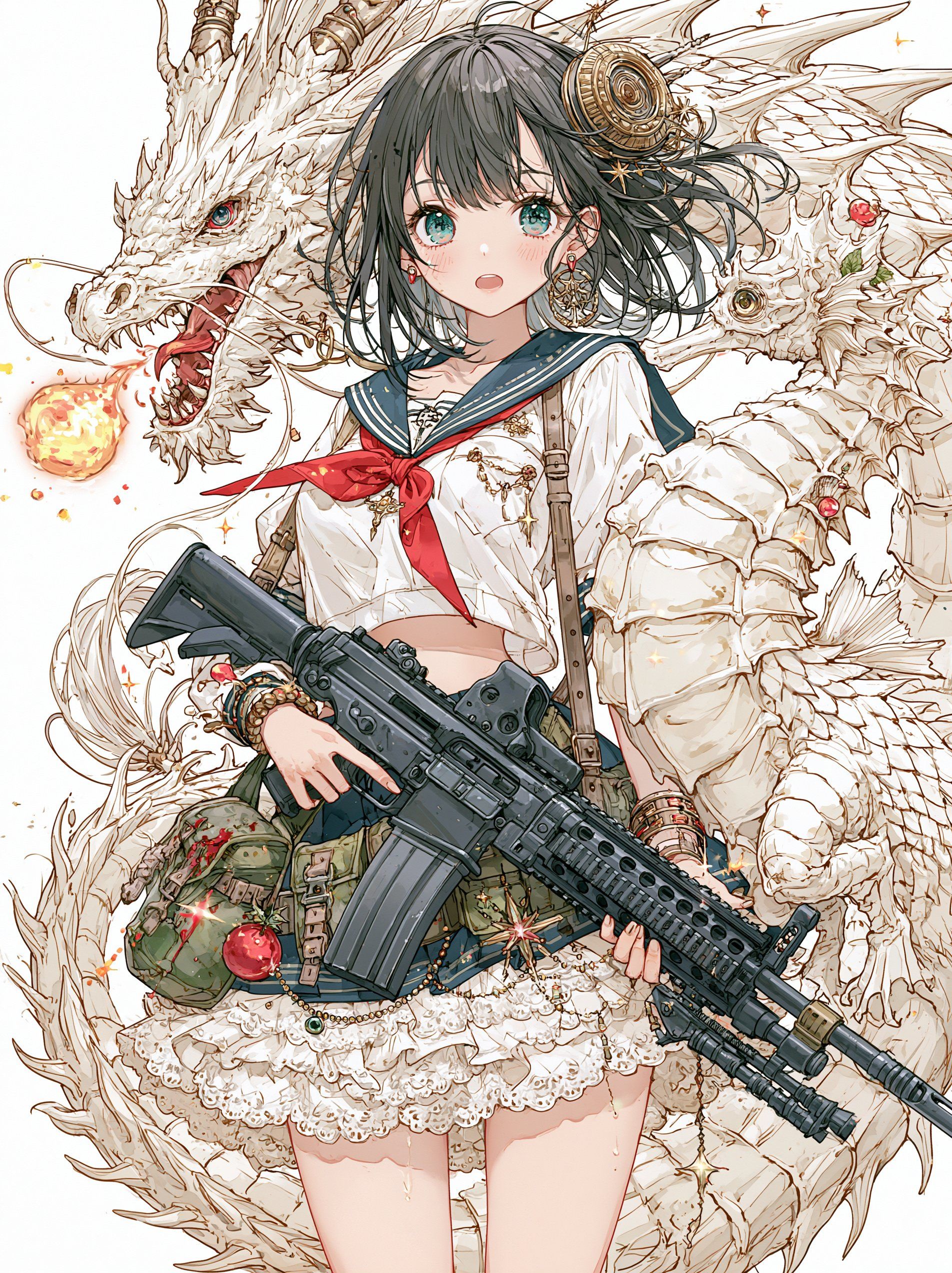軍事と魔法のファンタジー要素を融合した複雑なアニメスタイルのイラスト