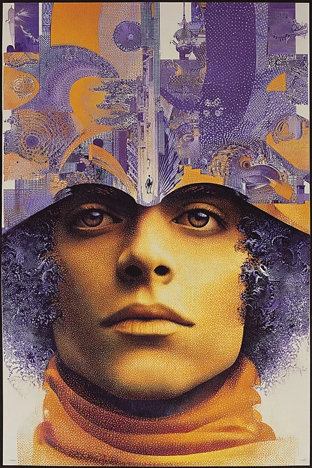 Arte de collage surrealista con tonos púrpura y ámbar