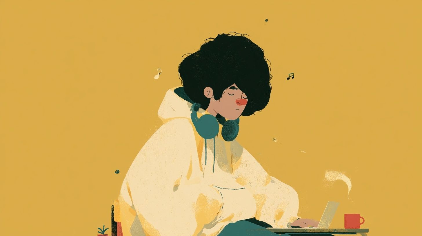 Otis is a young person with a black afro wearing an oversized cream hoodie sitting at a small desk focusing on a laptop