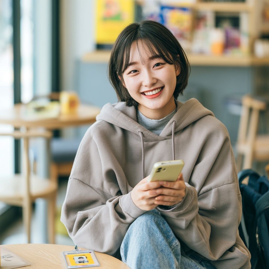 A 20-year-old Korean female university student is checking her school portal in a campus cafe, dressed in casual modern fashion with a lively expression