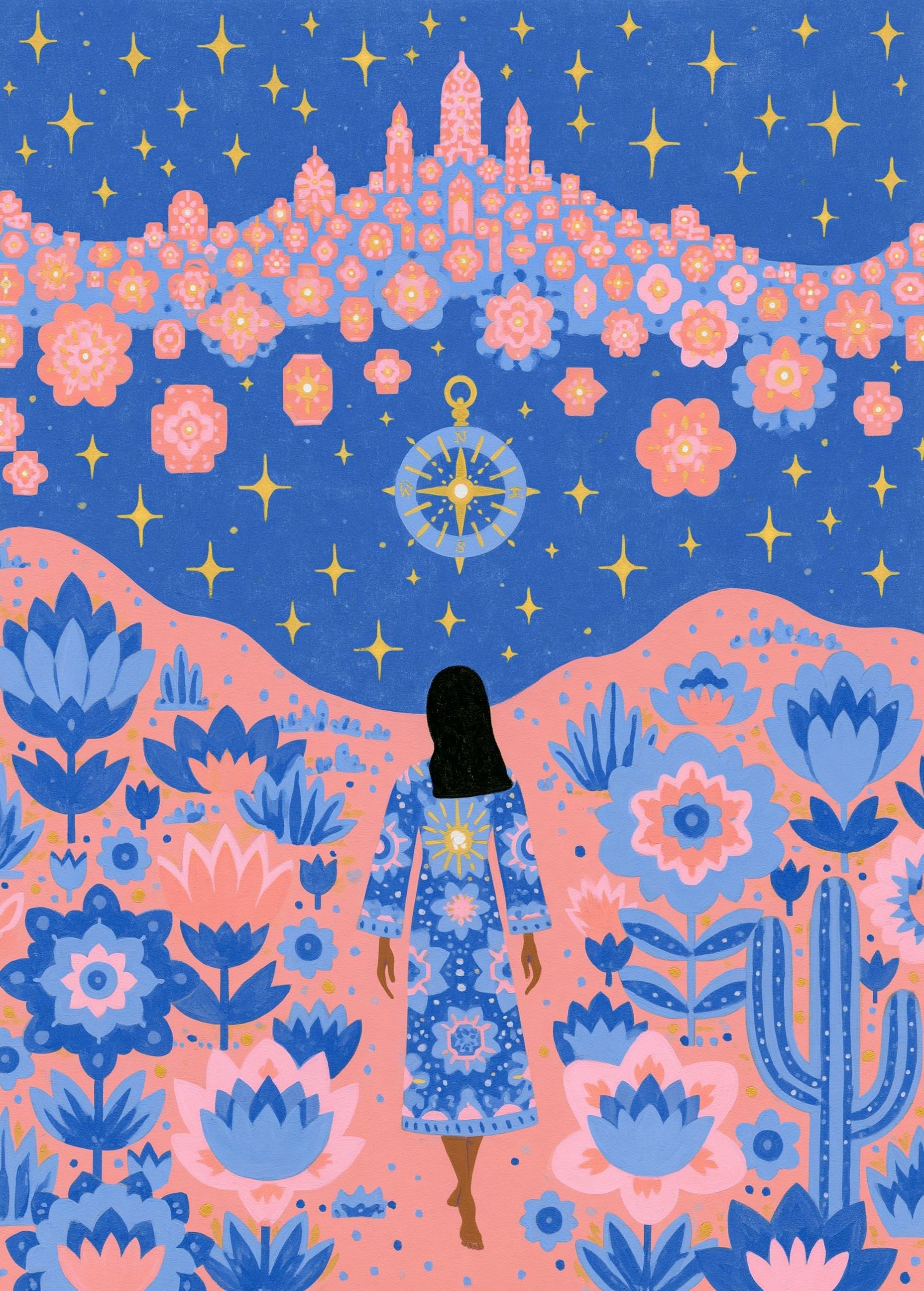 女性は裸足で日の出の砂漠を歩き、遠くの光る花のランタンの都市に向かっています