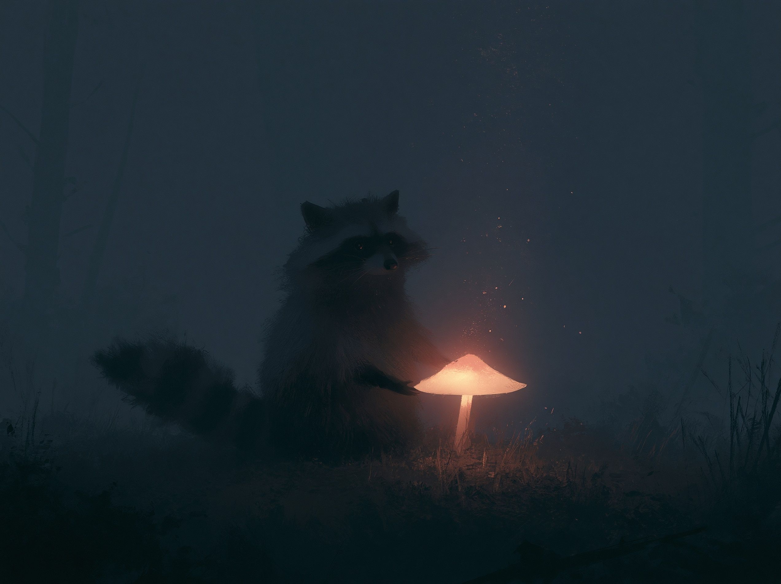 A raccoon holding a magic mushroom