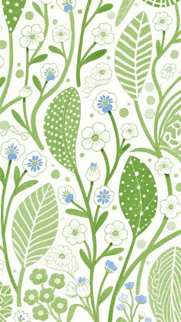 Die Aquarell-Illustration zeigt eine Kombination aus vielfältigen Blumen im einzigartigen Laurel Brick- und Yayoi Kusama-Stil, mit Grasgrün und Weiß als Hauptfarben