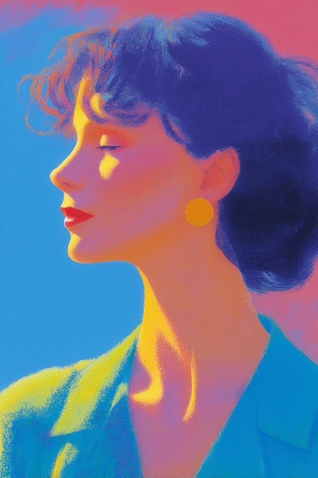 대담한 색상 블록과 부드러운 에어브러시 그라데이션을 사용한 생동감 있는 복고 미래주의 일러스트