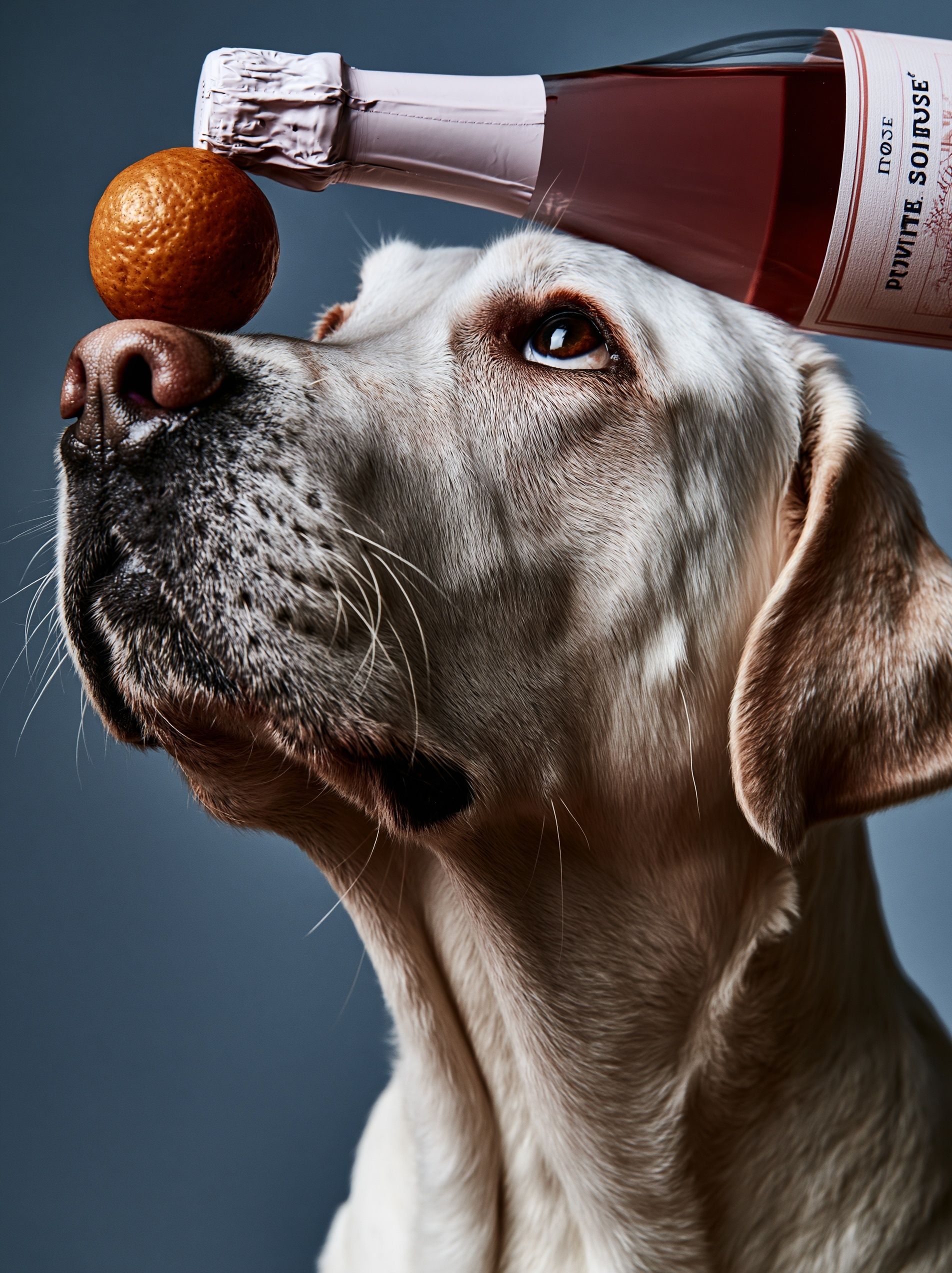A white Labrador Retriever balancing a rosé bottle on its nose