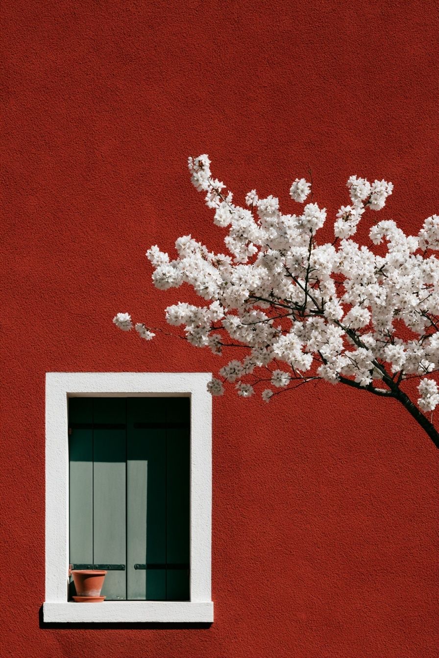 Uma cena ao ar livre iluminada com uma parede vermelha, uma janela branca e ramos de flores de cerejeira