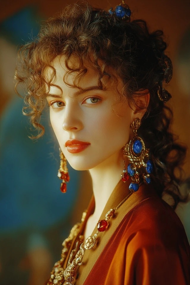 Warm chiaroscuro lighting with deep amber, rust, and lapis blue tones suitable for classical oil paintings and luxury jewelry