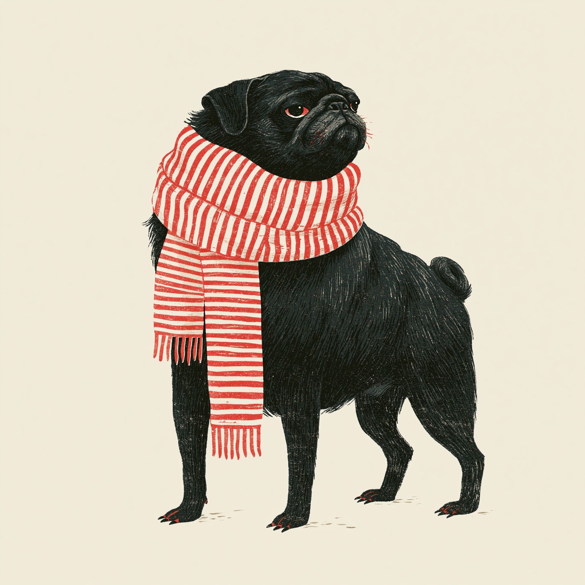 ein schwarzer Pug-Hund mit einem rot-weißen gestreiften Schal