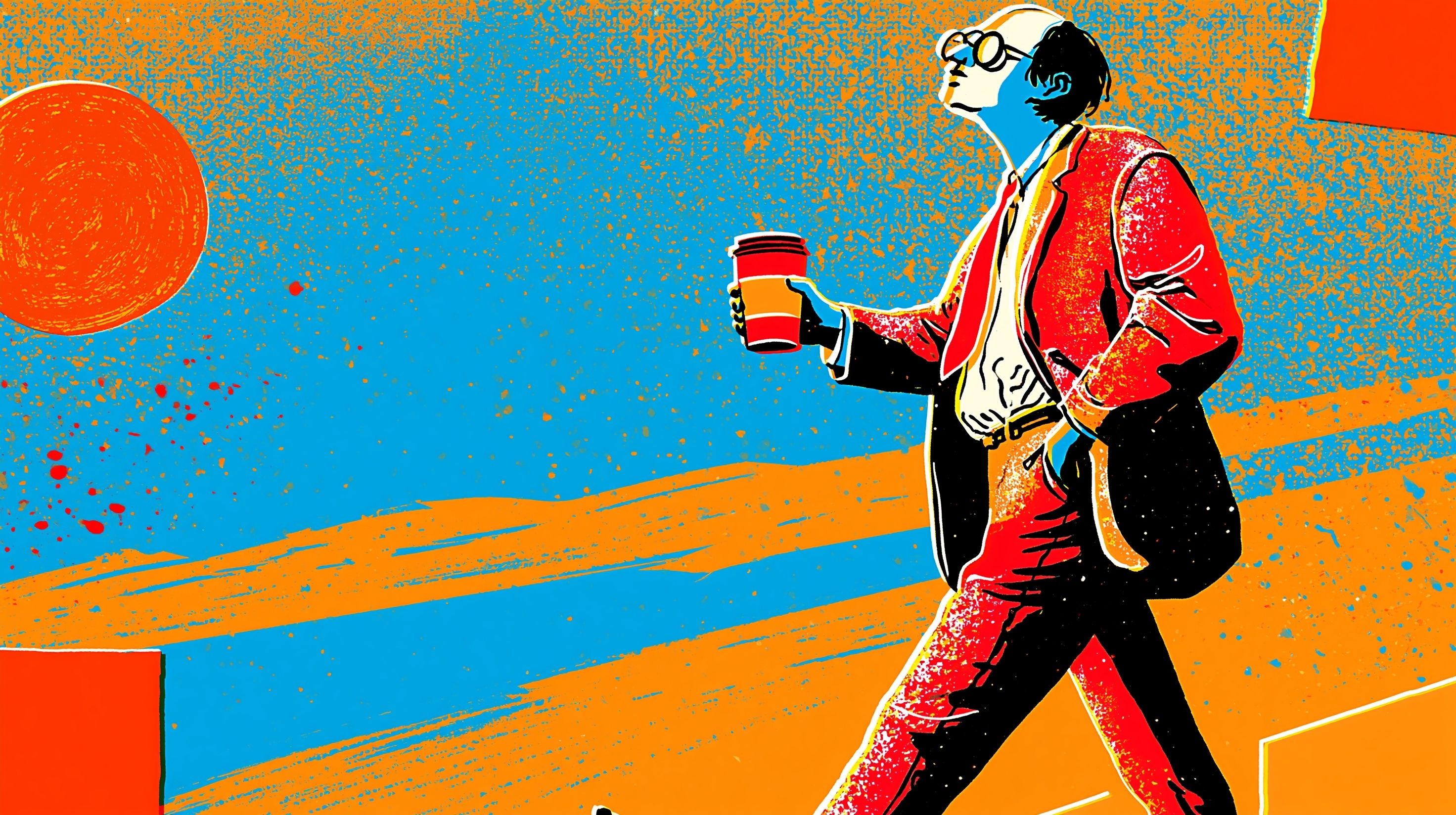 Una persona ordinaria camina suavemente con una expresión neutra, sosteniendo una taza de café contra un fondo azul cielo cálido con un pequeño sol naranja que crea una atmósfera calma y positiva
