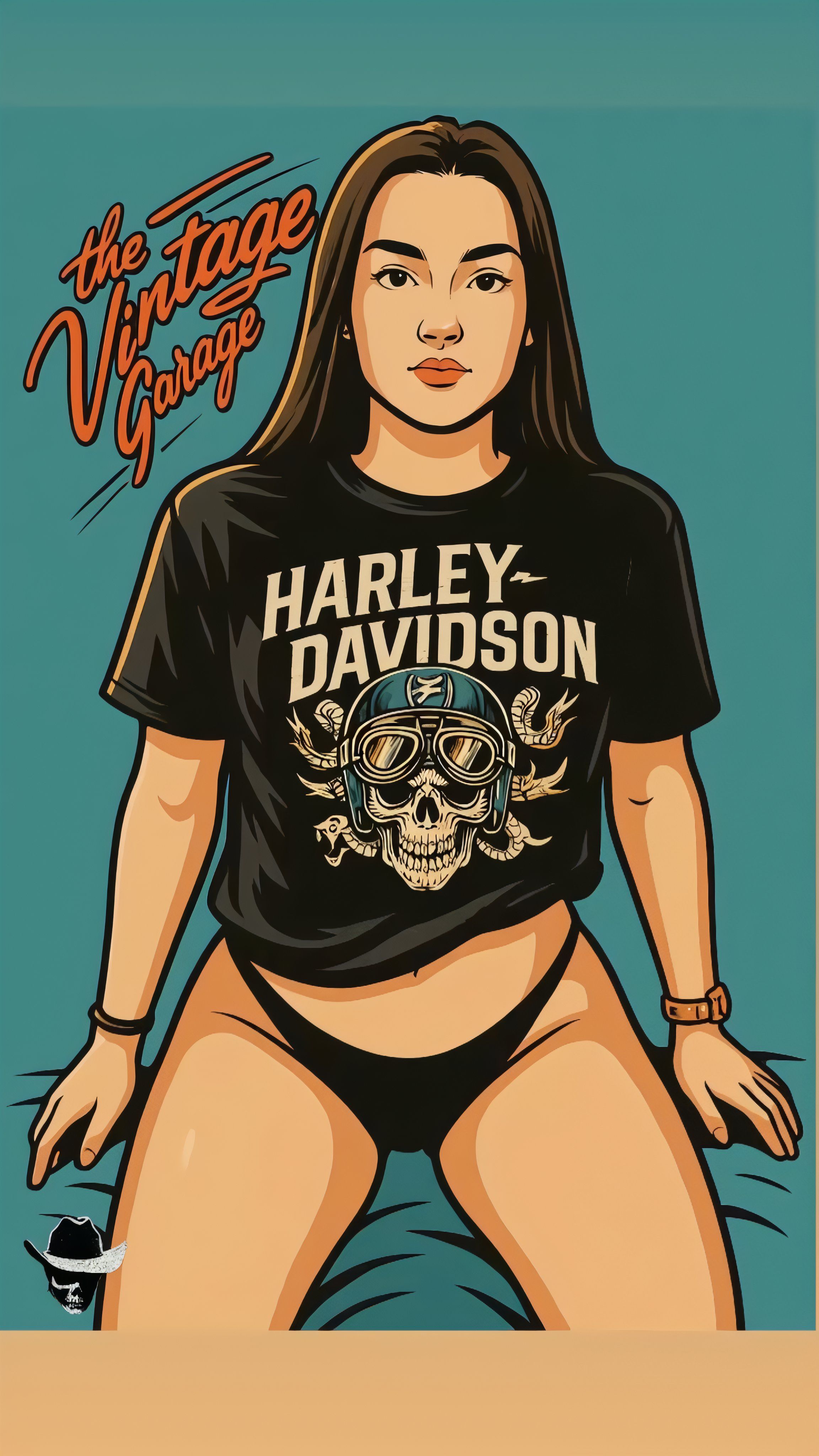 Retro pin-up style illustration of a woman in a black skull graphic tee