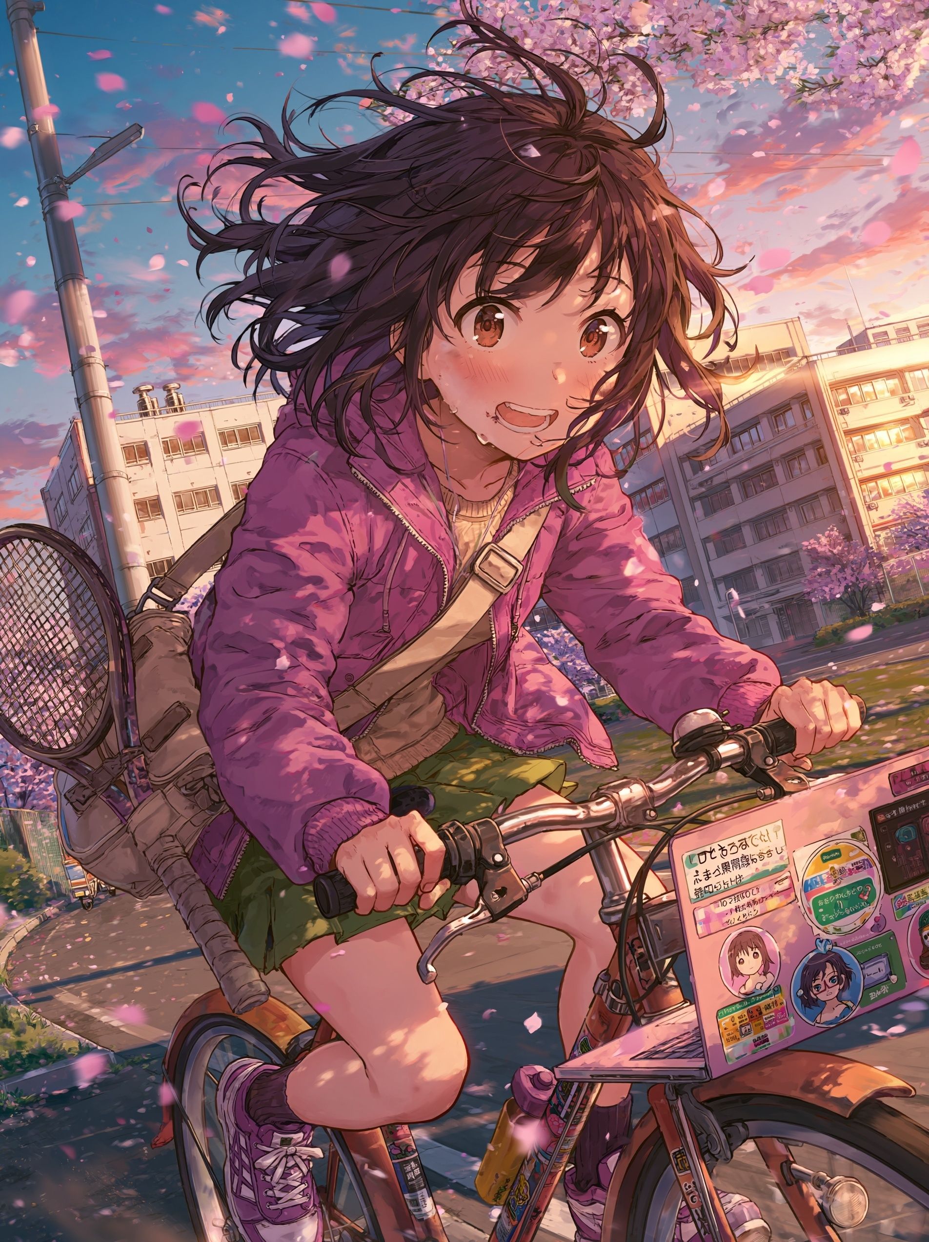Una linda chica de anime monta su bicicleta rápidamente a través del campus del instituto de investigación de Tsukuba en la mañana de primavera con una brillante sonrisa y ojos determinados