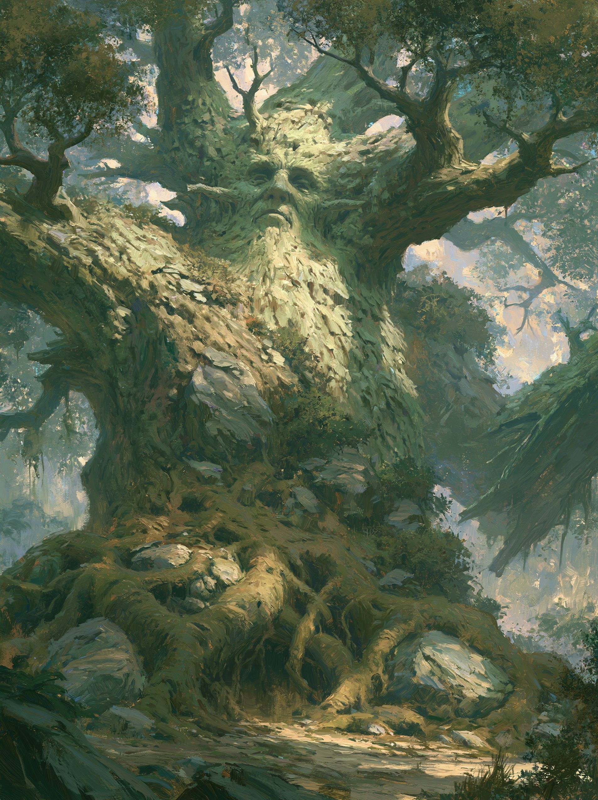An ancient fantasy treant with a wise face and a sprawling root system symbolizing deep growth and vitality