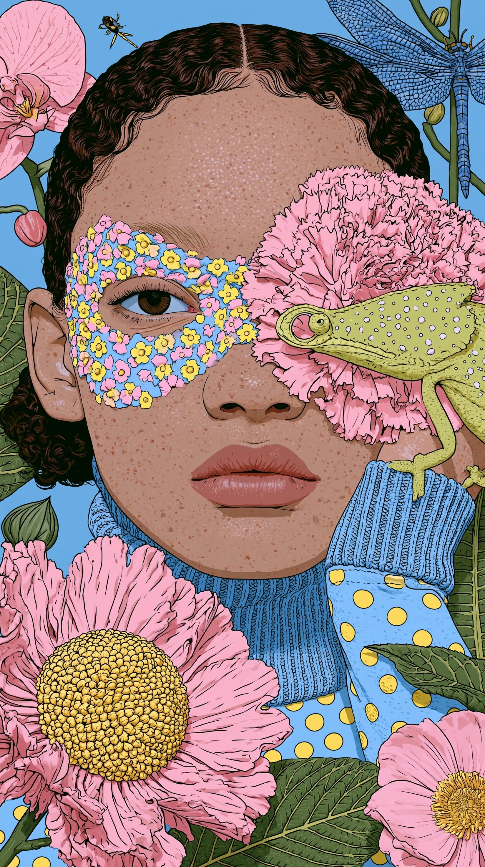 A hand-drawn illustration of a young black girl’s face set in a pastel dream with a strange garden